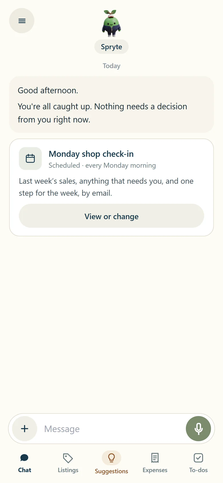 The main chat when nothing is waiting: Spryte says you're all caught up