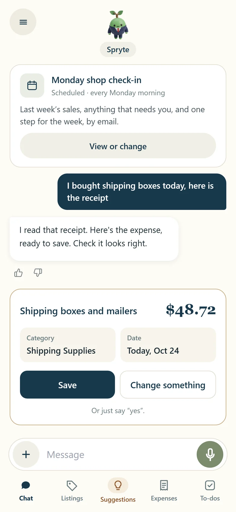 An expense Spryte filled in from what you said, with Save and Change something