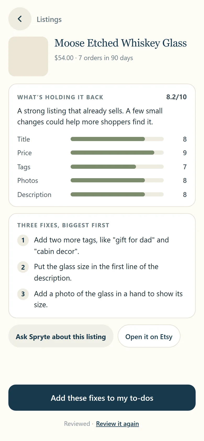 One listing opened: its review out of 10, five parts as bars, and three fixes, biggest first