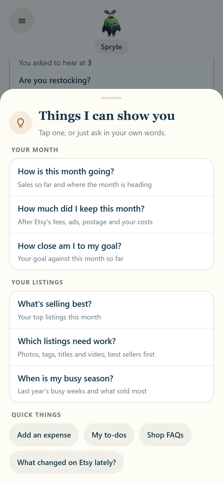 The light bulb sheet: questions about your month and your listings, and quick things like adding an expense
